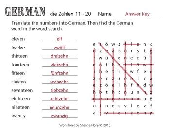 german number word search answer key